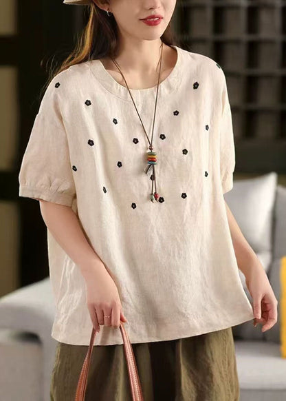 Linen Casual O-Neck Embroideried Tops Summer White