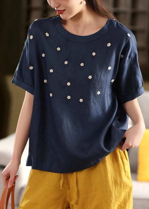 Linen Casual O-Neck Embroideried Tops Summer White