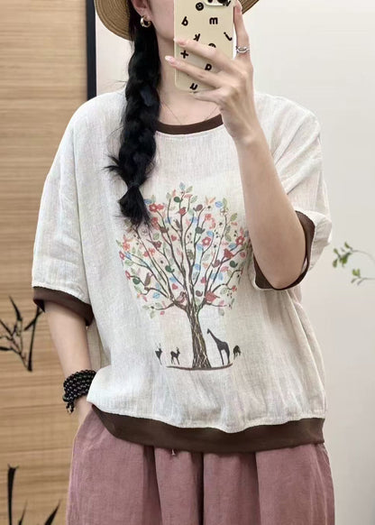 Oversized Linen White Print Casual Tops Patchwork Sleeveless