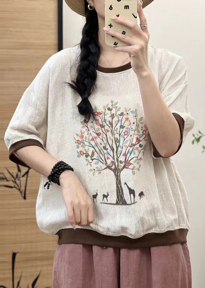 Oversized Linen White Print Casual Tops Patchwork Sleeveless