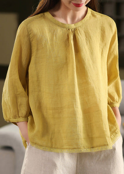 Top O Neck Linen Summer Patchwork Blouse Yellow Casual