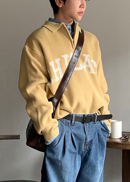 Casual Yellow Peter Pan Collar Letter Knit Men Sweaters Spring TK009