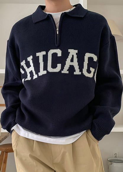 Casual Yellow Peter Pan Collar Letter Knit Men Sweaters Spring TK009