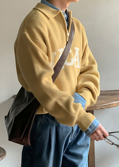 Casual Yellow Peter Pan Collar Letter Knit Men Sweaters Spring TK009