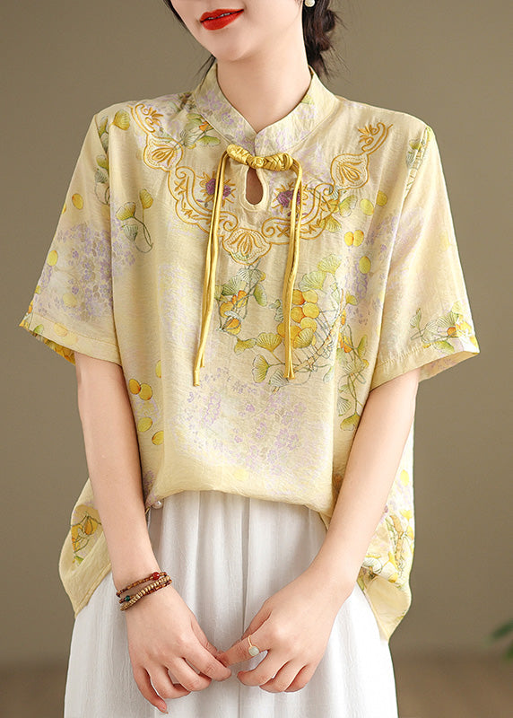 Casual Yellow Tasseled Print Linen Blouses Summer TM042