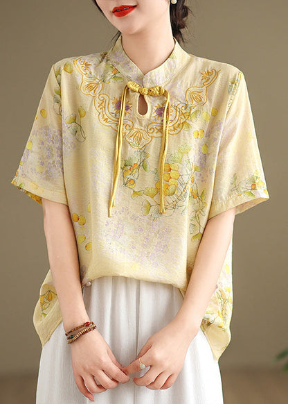 Casual Yellow Tasseled Print Linen Blouses Summer TM042