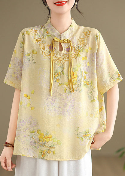 Casual Yellow Tasseled Print Linen Blouses Summer TM042