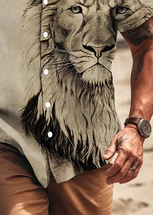 Men Button Cotton Apricot Summer Chic Animal Print Shirts