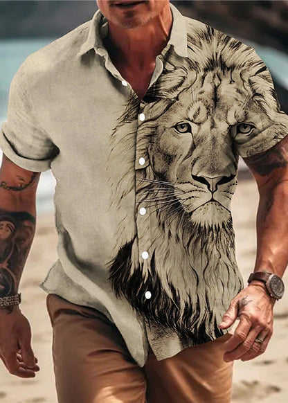 Men Button Cotton Apricot Summer Chic Animal Print Shirts