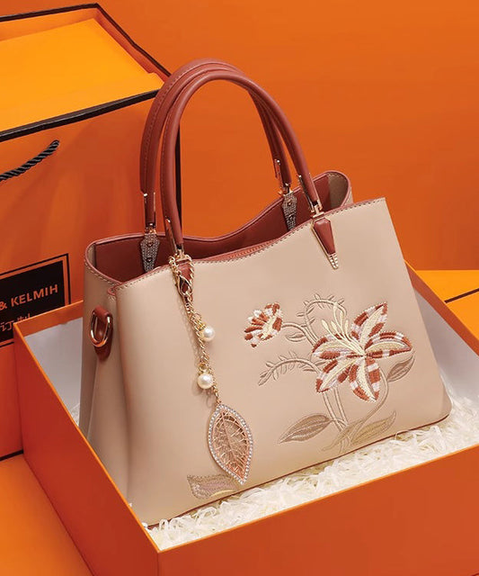 Calf Leather Chic Apricot Tote Bag Embroidery
