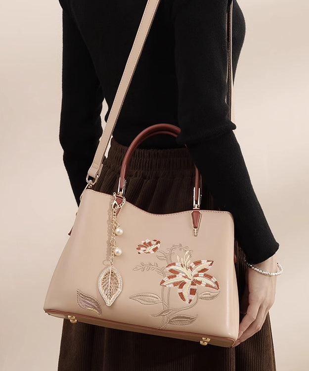 Calf Leather Chic Apricot Tote Bag Embroidery