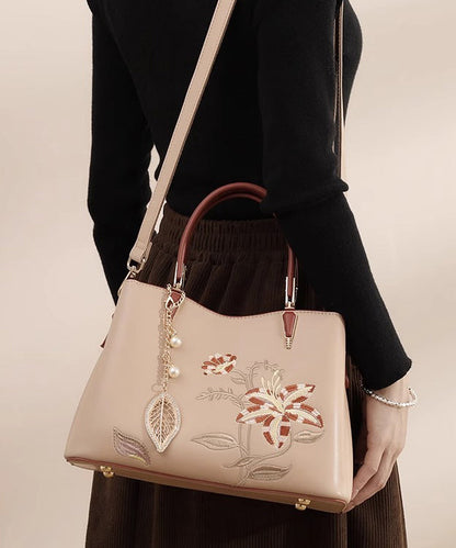 Calf Leather Chic Apricot Tote Bag Embroidery