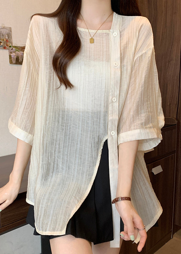 Sleeve Collar Apricot Chiffon Square Bracelet Chic Button Shirt