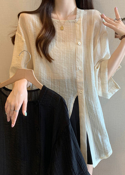 Sleeve Collar Apricot Chiffon Square Bracelet Chic Button Shirt