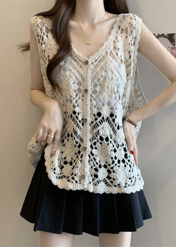 Out V Sleeveless Chic Apricot Vest Neck Hollow Knit