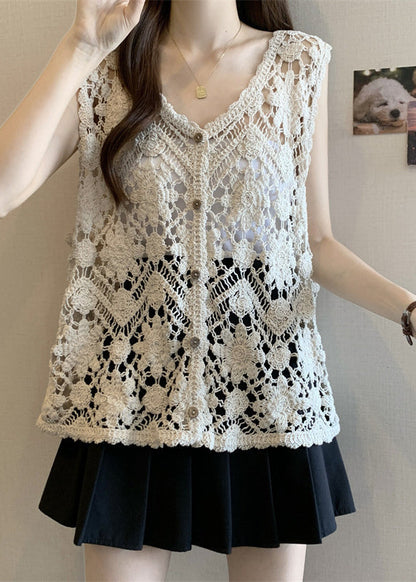 Out V Sleeveless Chic Apricot Vest Neck Hollow Knit