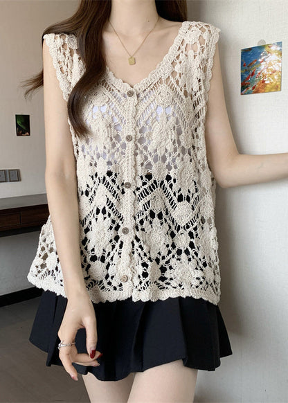 Out V Sleeveless Chic Apricot Vest Neck Hollow Knit