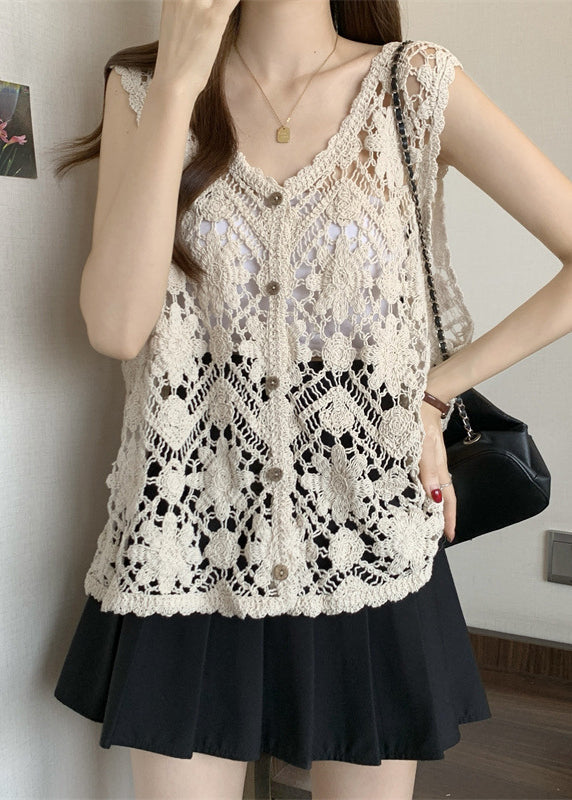 Out V Sleeveless Chic Apricot Vest Neck Hollow Knit