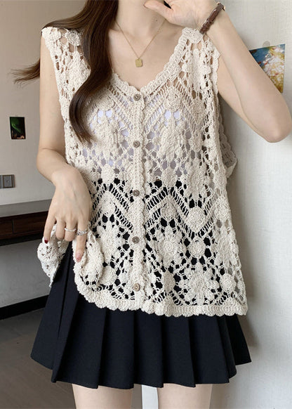 Out V Sleeveless Chic Apricot Vest Neck Hollow Knit