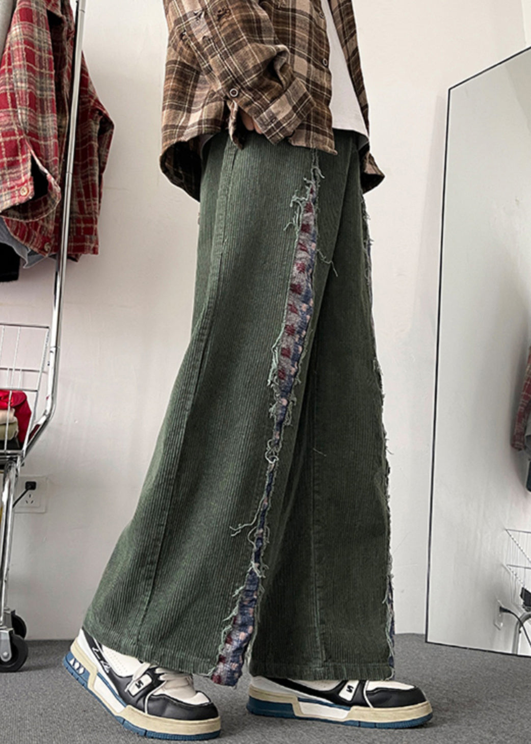 Army Chic Patchwork Pants Original Mens Design Green Corduroy