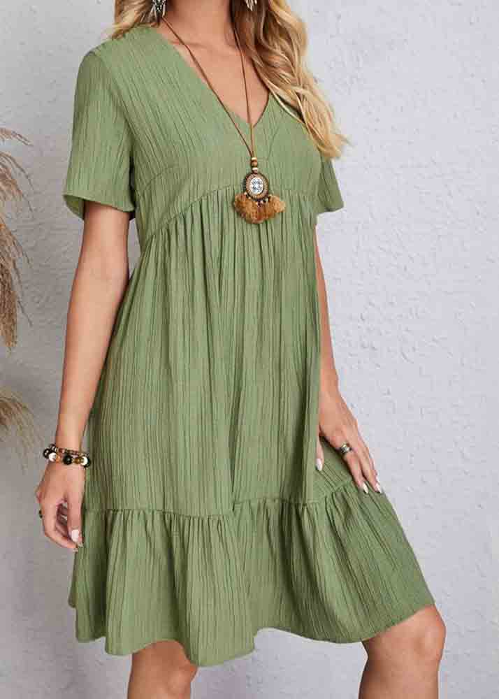 V Army Green Cotton Chic Patchwork Neck Day Dress Summer
