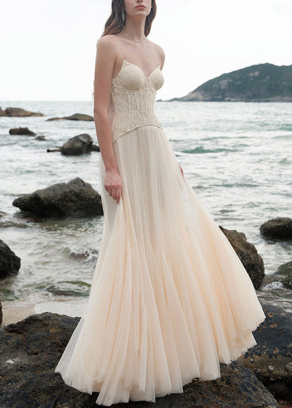 Shoulder Patchwork Beige Chic Cold Dress Party Lace Tulle