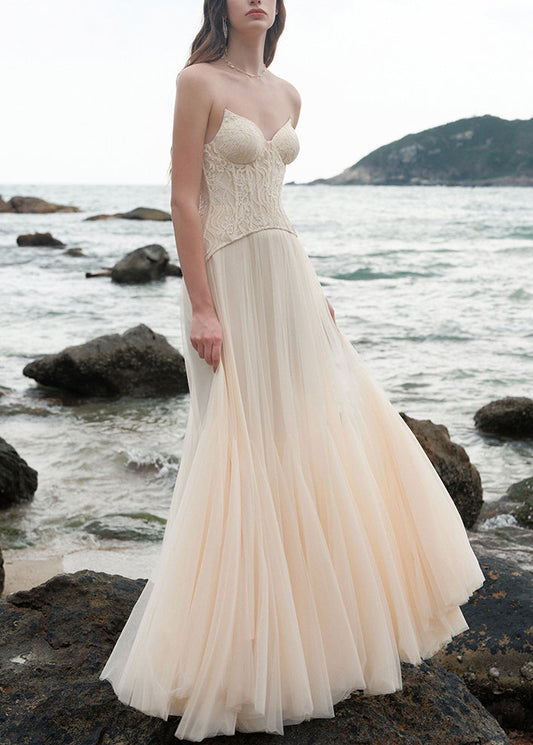 Shoulder Patchwork Beige Chic Cold Dress Party Lace Tulle