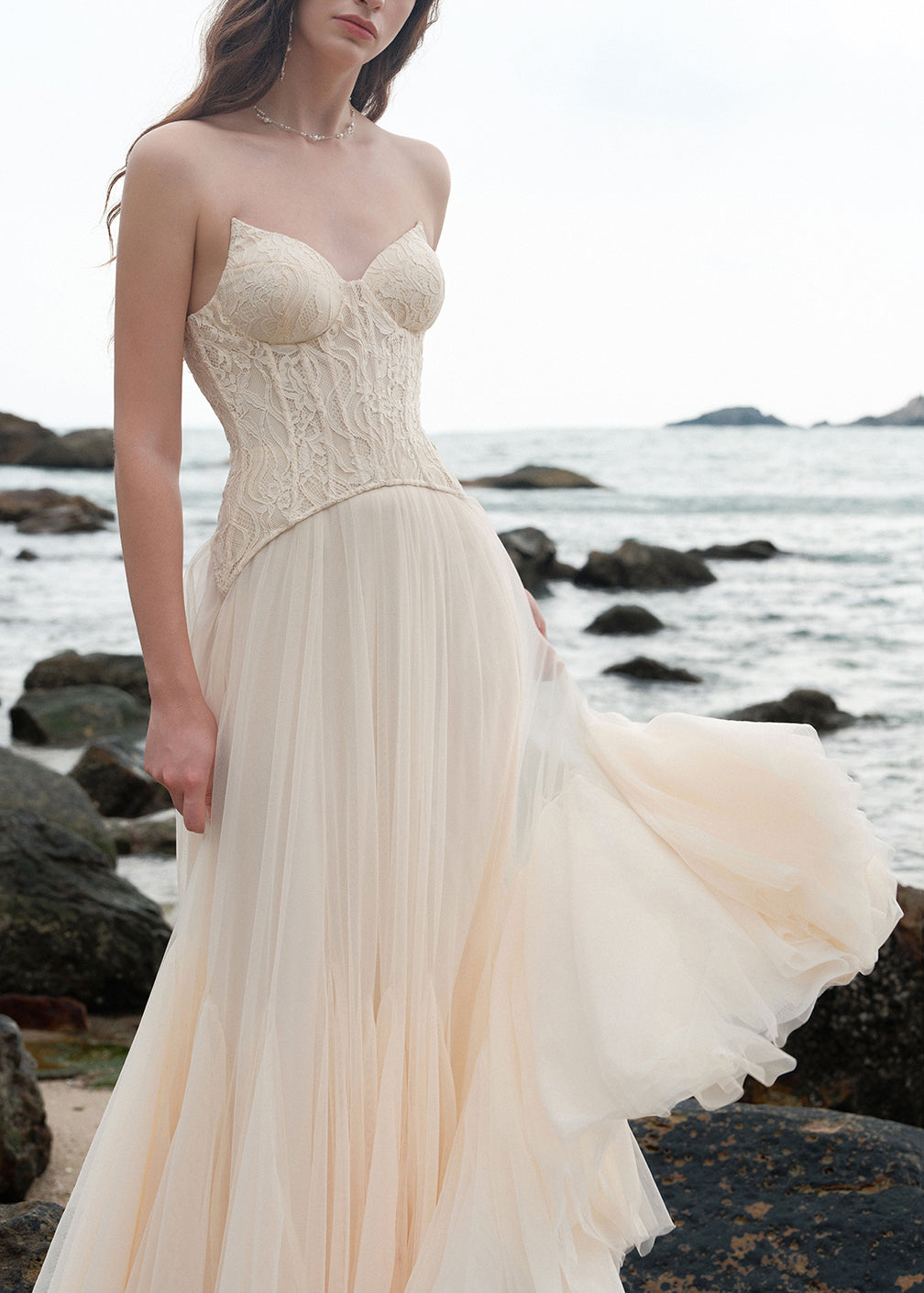 Shoulder Patchwork Beige Chic Cold Dress Party Lace Tulle