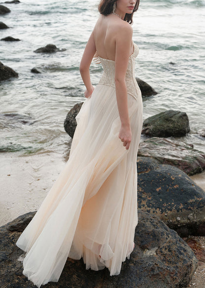 Shoulder Patchwork Beige Chic Cold Dress Party Lace Tulle