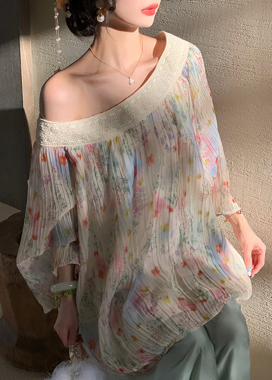 Chiffon Chic Print Beige Fall Wrinkled Embroidered Shirt