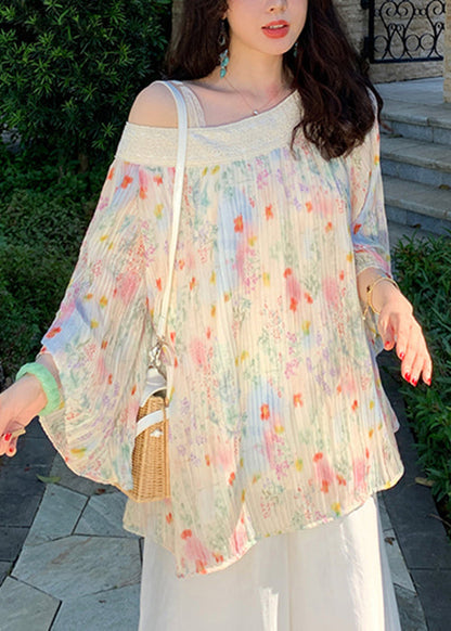 Chiffon Chic Print Beige Fall Wrinkled Embroidered Shirt