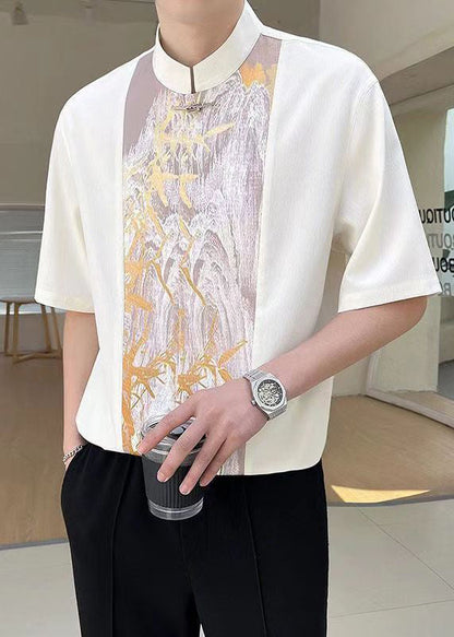Beige Patchwork Half Stand Men Chic Collar T Shirt Sleeve