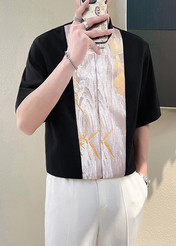 Beige Patchwork Half Stand Men Chic Collar T Shirt Sleeve