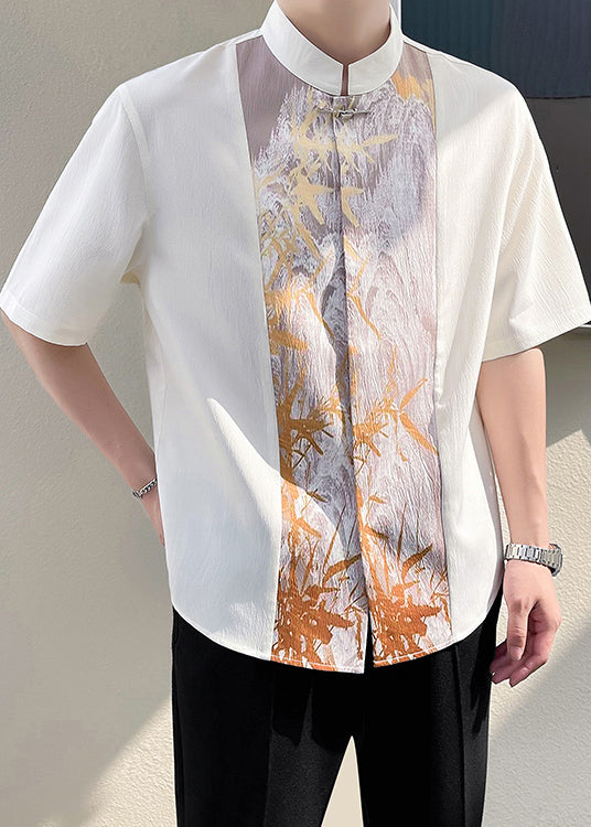 Beige Patchwork Half Stand Men Chic Collar T Shirt Sleeve