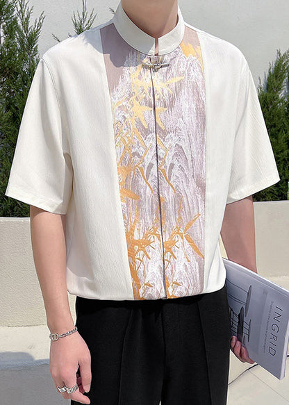 Beige Patchwork Half Stand Men Chic Collar T Shirt Sleeve