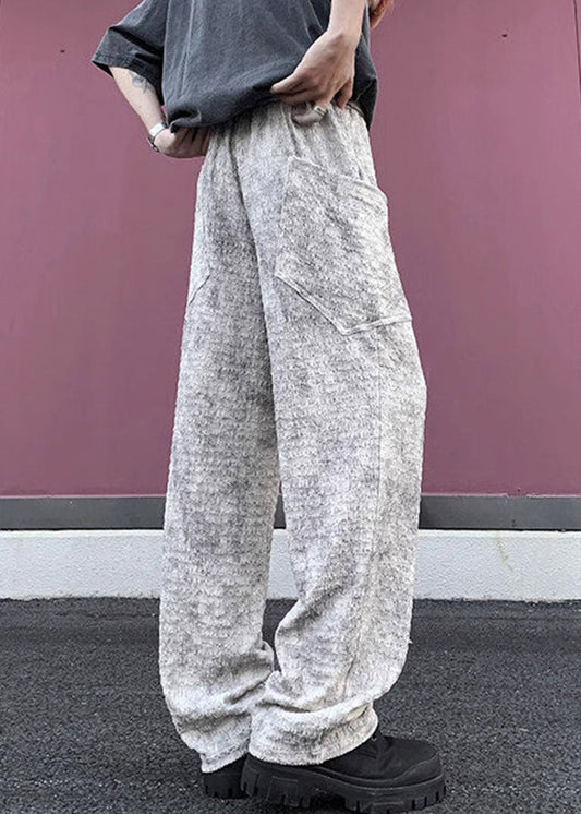 Mens Silk Beige Wrinkled Pants Chic Pockets Ice Summer