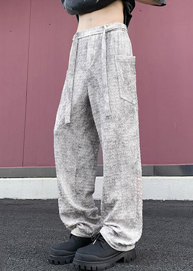 Mens Silk Beige Wrinkled Pants Chic Pockets Ice Summer