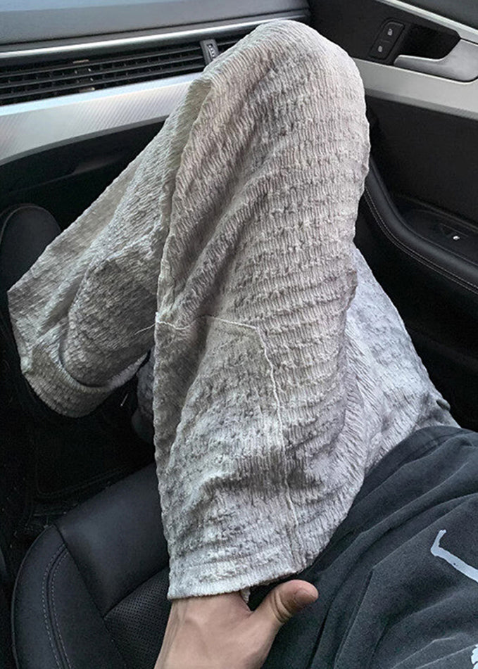 Mens Silk Beige Wrinkled Pants Chic Pockets Ice Summer