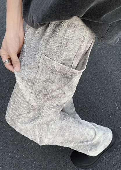 Mens Silk Beige Wrinkled Pants Chic Pockets Ice Summer