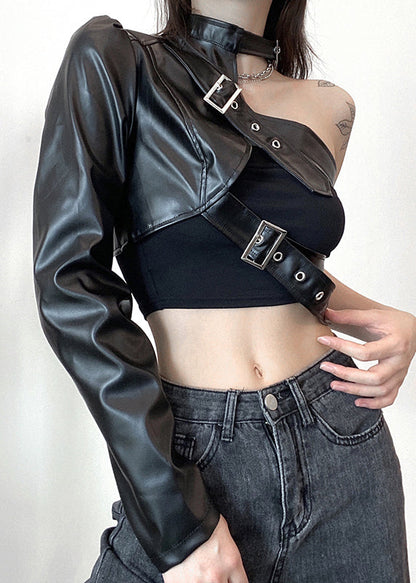 Faux Design Black Spring Leather Chic Coats Original Asymmetrical