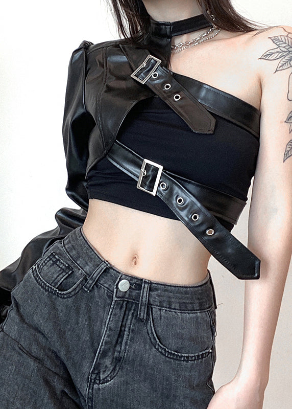 Faux Design Black Spring Leather Chic Coats Original Asymmetrical