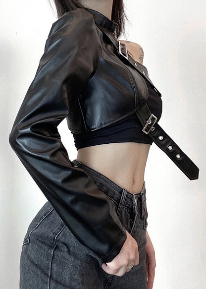 Faux Design Black Spring Leather Chic Coats Original Asymmetrical