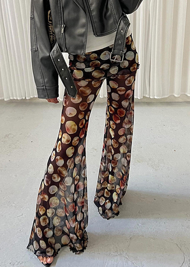 Print Flared Chic Trousers High Black Dot Tulle Summer Waist