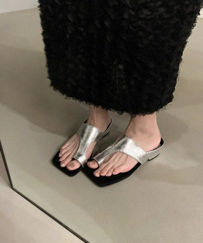 Faux Thong Sandals Chunky Chic Leather Black Splicing