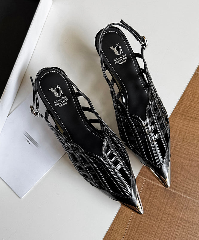 Sandals Black Out Leather Splicing Cowhide Hollow Heel High Chic