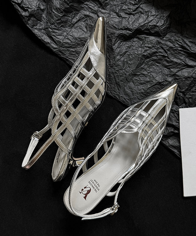 Sandals Black Out Leather Splicing Cowhide Hollow Heel High Chic