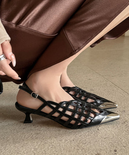 Sandals Black Out Leather Splicing Cowhide Hollow Heel High Chic