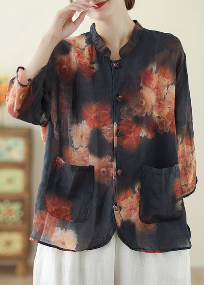 Chic Black Mandarin Collar Print Linen Tops Spring TM033