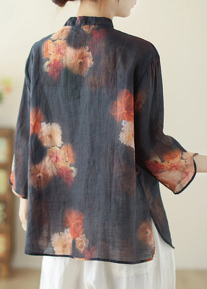Chic Black Mandarin Collar Print Linen Tops Spring TM033