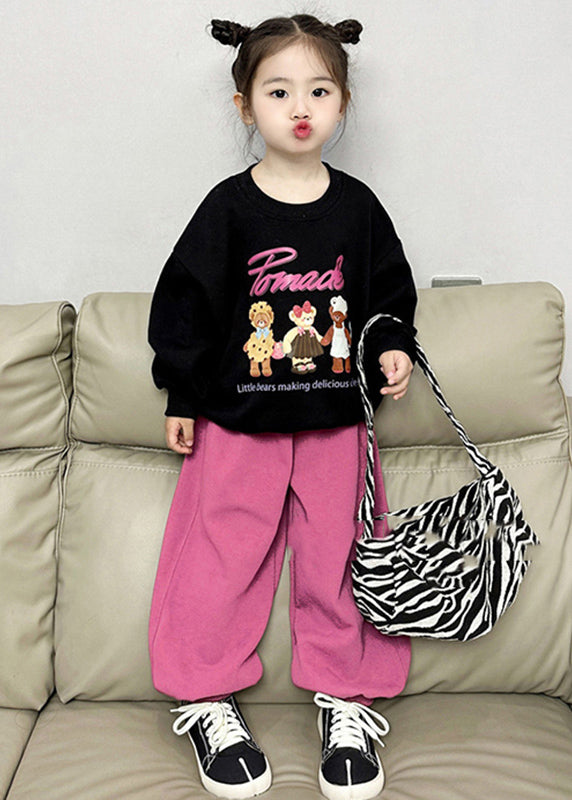 Chic Black O-Neck Kids Fleece Sweatshirt And Lantern Pants Two Pieces Set Spring TR002